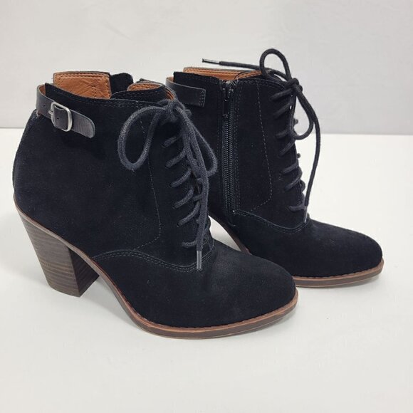 Lucky Brand Women's Echoh Black Booties W Back Buckle Accent Almond Toe Size 6.5 - Picture 1 of 12